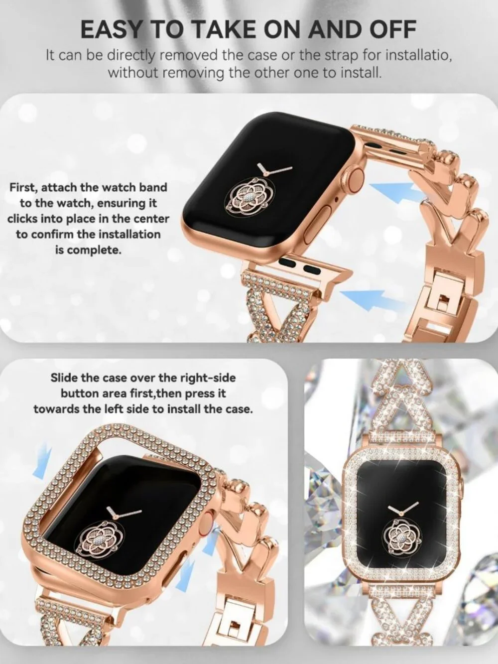 Rhinestone Metal Bracelet & Case for Apple Watch 38mm-49mm - Bling Gold Women's